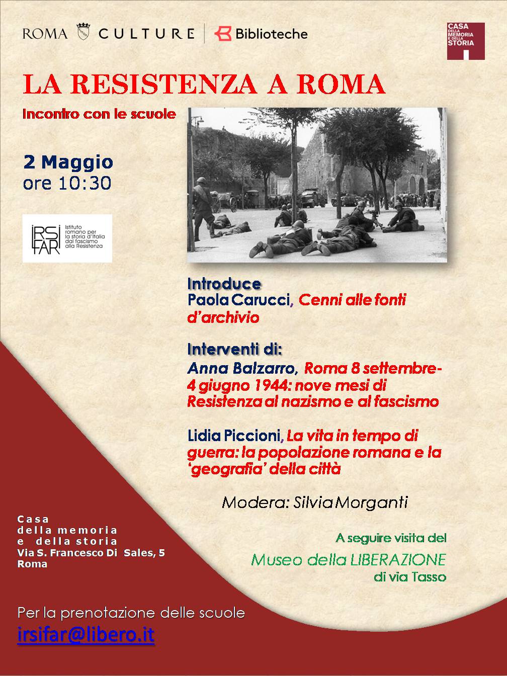 La Resistenza a Roma – giornata dedicata alle scuole il 2 maggio